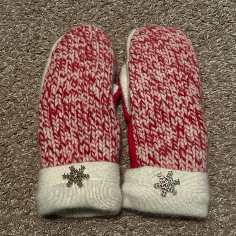 Red and White Knit Mittens with Snowflake Accent